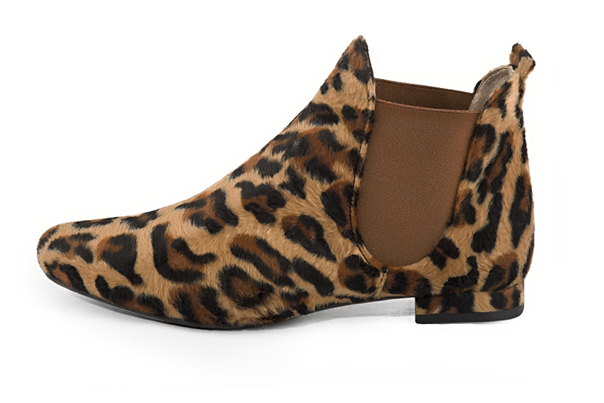Safari black and camel beige women's ankle boots, with elastics. Round toe. Flat block heels. Profile view - Florence KOOIJMAN